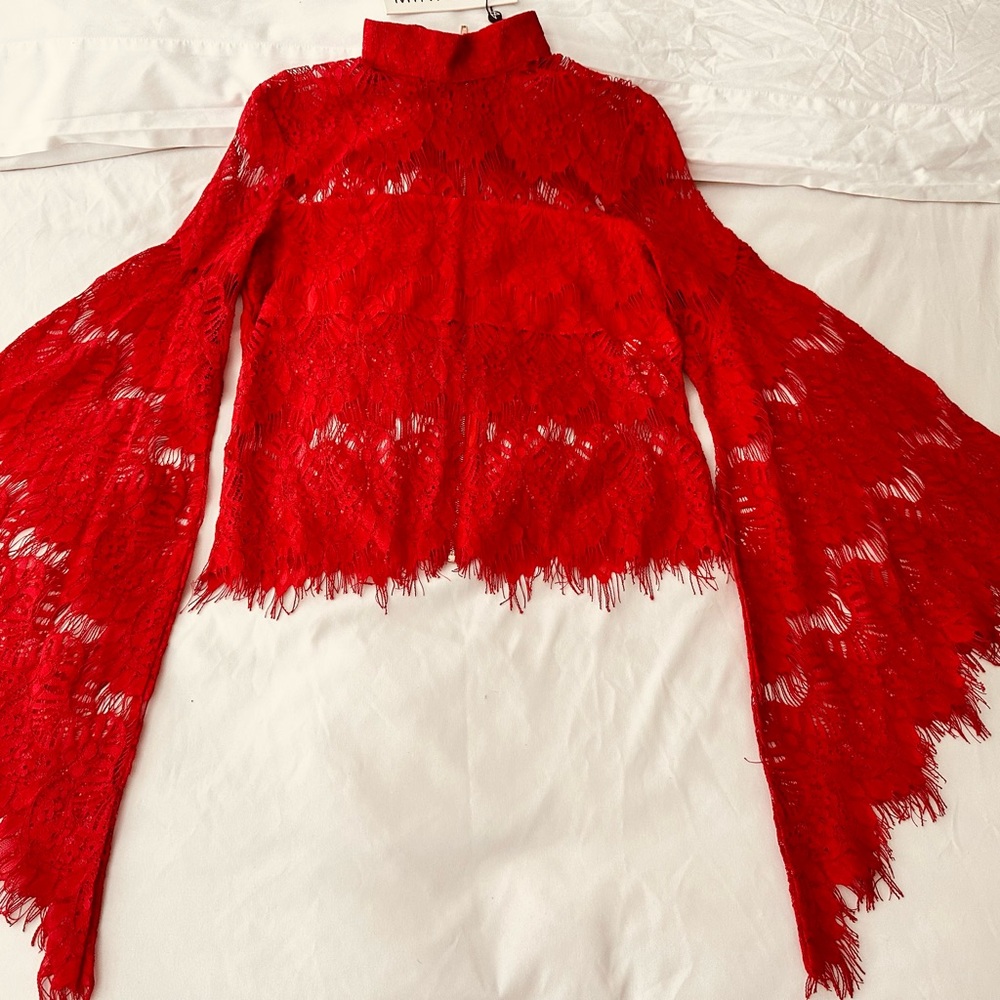 MinkPink Red Lace Top Bell Sleeve Short